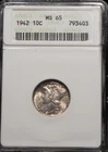 1942-P MERCURY DIME -  ANACS MS-65