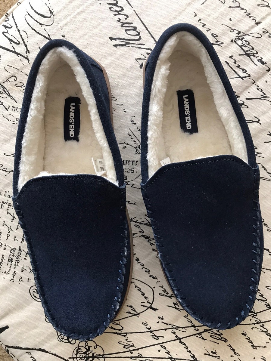 Lands' End Mens Size 8D Suede Leather Moccasin Slippers Navy - Main Image