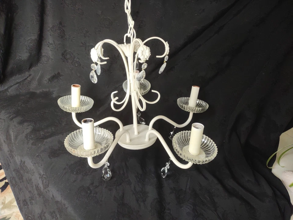 Tole Chandelier floral White 5 light crystals Shabby Chic Vintage Tole 18"X 14" - Image 4 of 4