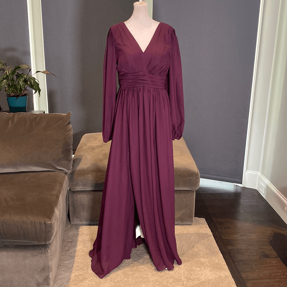violet chiffon dress Women's Purple Chiffon Full Length Dress with Corset Back Leg Slit Size M