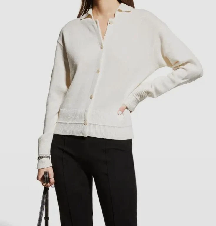 $395 Theory Women Ivory Cashmere Collared Long-Sleeve Cardigan Sweater  Petite P | eBay