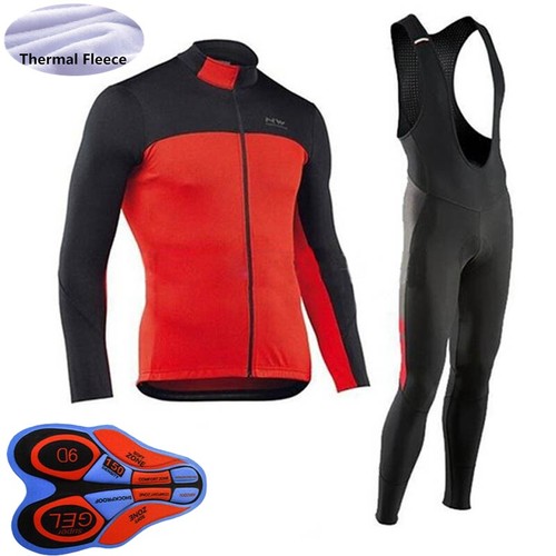 Mens Thermal Fleece Long Sleeve Cycling Jersey Bib Pants Set Winter Bike Uniform - Picture 19 of 54