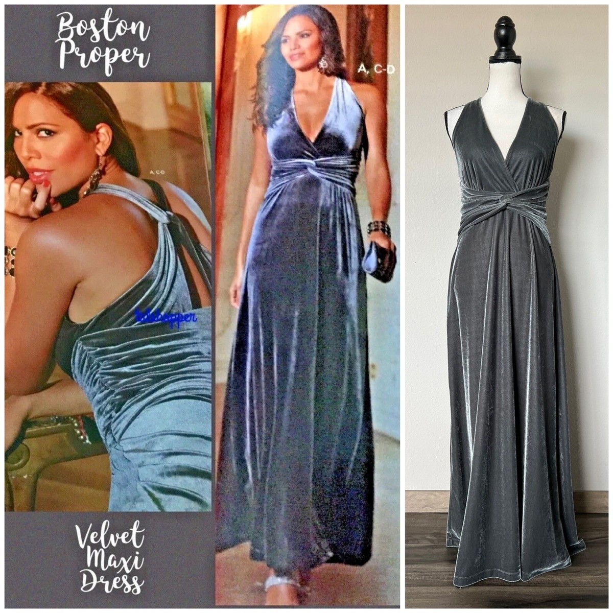 Boston Proper Elegant Cocktail Formal Gown Maxi Velvet Dress Sz Small Gray  $129