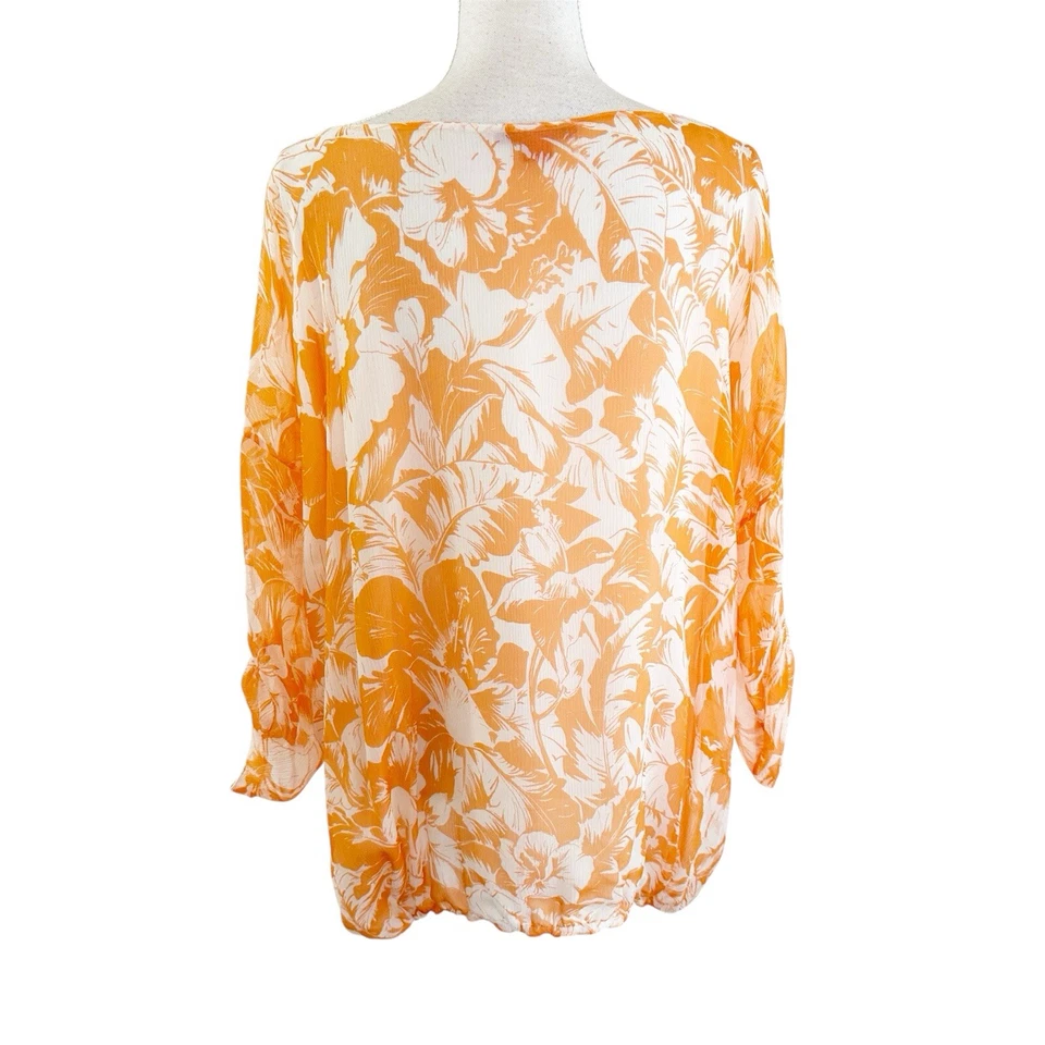 Blusa de seda Shamask para mujer talla única naranja floral semi transparente Resort Cruise Foto 3 de 4