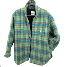 Sandro Women Sz 40 Kenneth Blue Green Virgin Wool Check Plaid Shirt Jacket