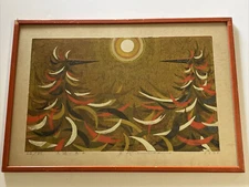 KIMURA JAPANESE WOODBLOCK PRINT ABSTRACT CUBIST CUBISM MODERNISM BIRDS SIGNED