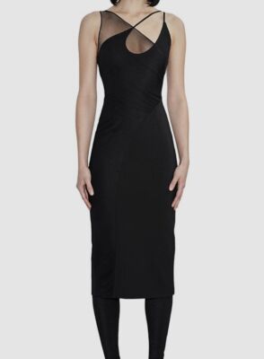 black mesh overlay midi dress Black Mesh Overlay Fitted Midi Dress