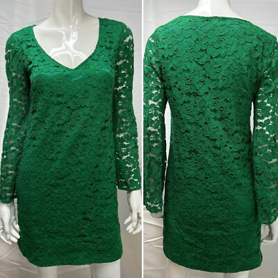 Women's Trina Turk Green Long Bell Sleeve Floral Lace Short Sheath S Dress  | eBay