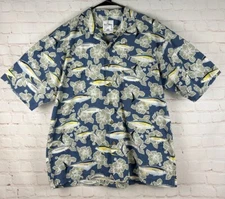 Guy Harvey AFTCO Blue Water Wear Fish Hawaiian Short Sleeve Button Shirt Large