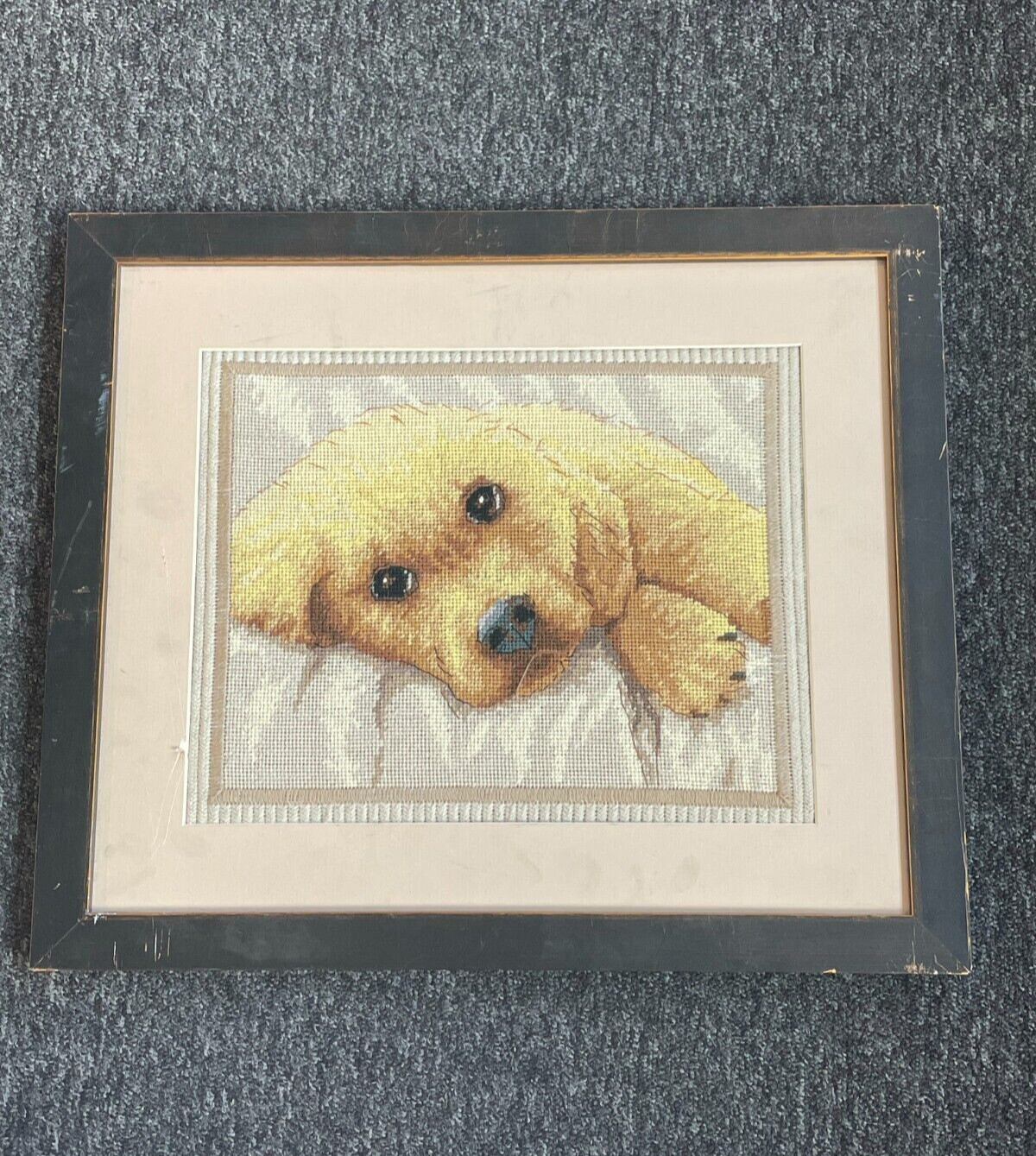 FRAMED COMPLETED CROSS STITCH: SWEET PUPPY: 50 x 45cm (DAMAGE TO FRAME)
