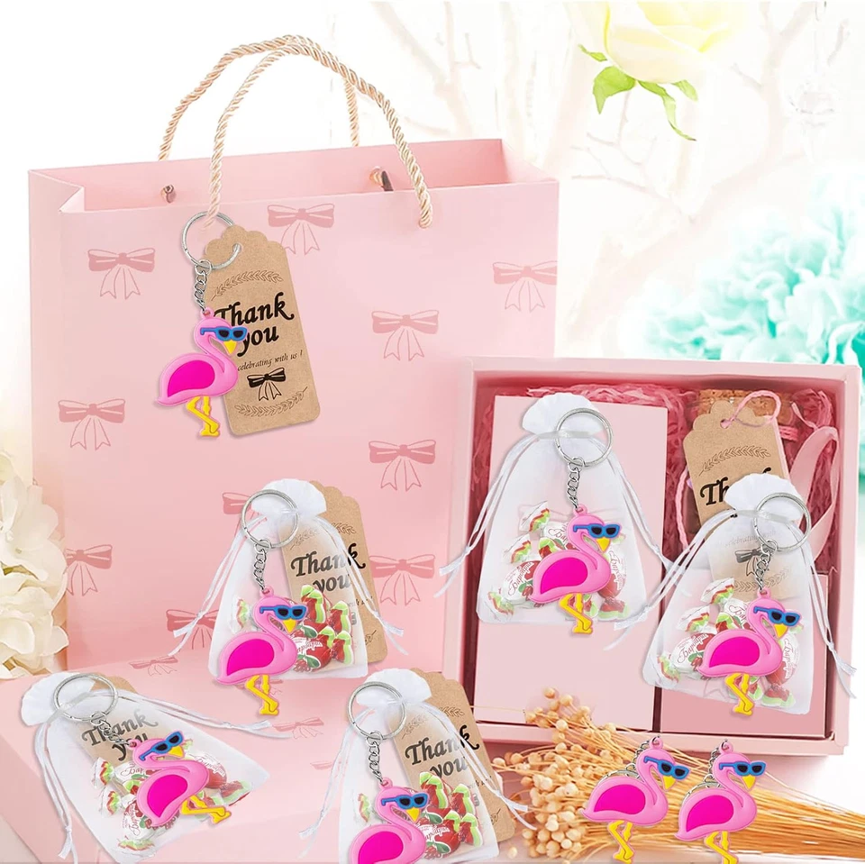 Paquete de 60 favores de fiesta de flamencos incluye 20 llaveros, 20 etiquetas y 20 bolsas para Hawai Foto 3 de 4