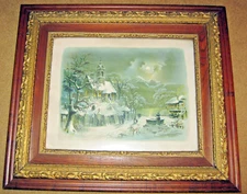 Antique Victorian Ornate Gesso Wall Picture Frame WINTER MOON LIT WINTER SCENE