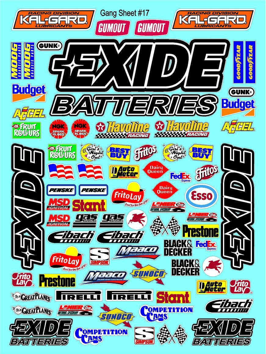 EXIDE Batteries White Vinyl Sticker Gang Sheet for 1/12-1/10 R/C Models-image