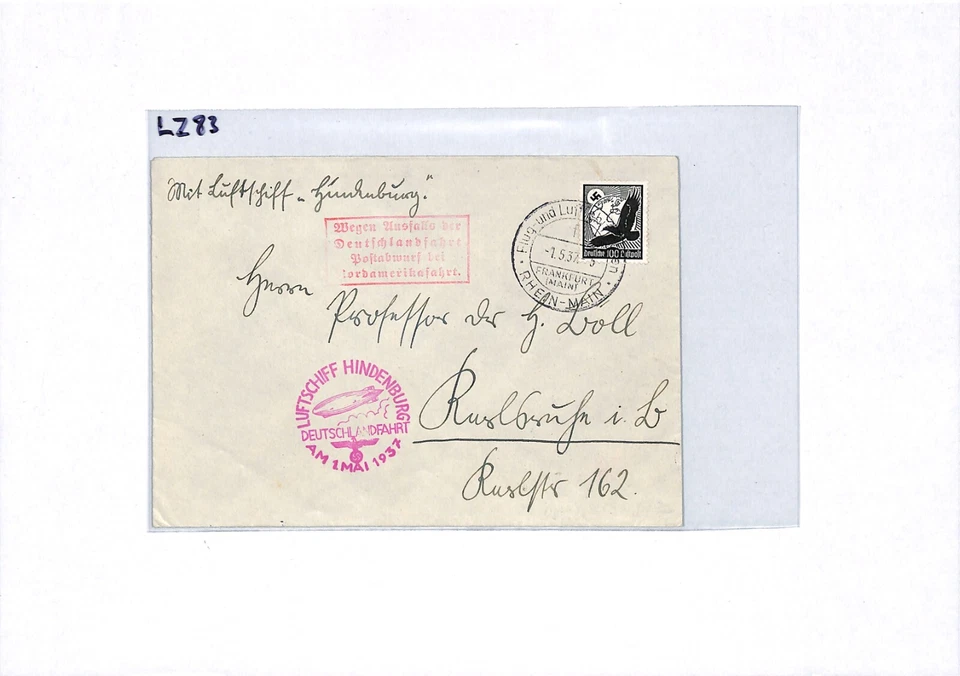 GERMANY Zeppelin HINDENBURG *Final Flight* 1937 Cover DEUTSCHLANDFAHRT Drop LZ83 - Image 3 of 4