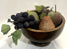 Wood Bowl 8.75"D Filled 5 Sugar Fruits Pillar Pedestal Footed Round MCM VTG