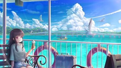 Anime girl sky long hair sea cloud Playmat Gaming Mat