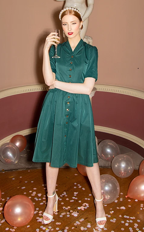 Green Vintage Shirt Dress Lindy Bop Savannah 1940s 1950s Fit Flare BNWT