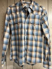 Rock 47 By Wrangler Men  s Blue Plaid Pearl Snap On Long Sleeve Shirt EUC