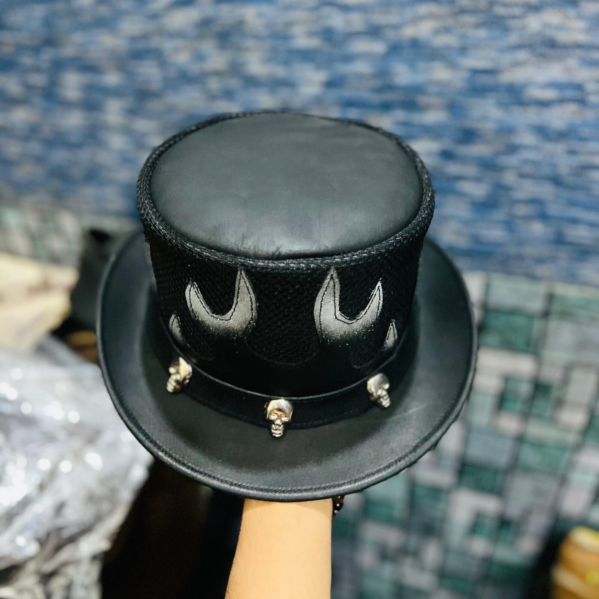 El dorado leather Top Hat Flames Mesh Black Steampunk Leather Top