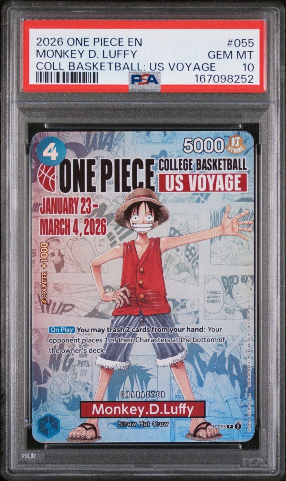 One Piece Monkey D Luffy College Basketball US Voyage P-055 PSA 10 Gem