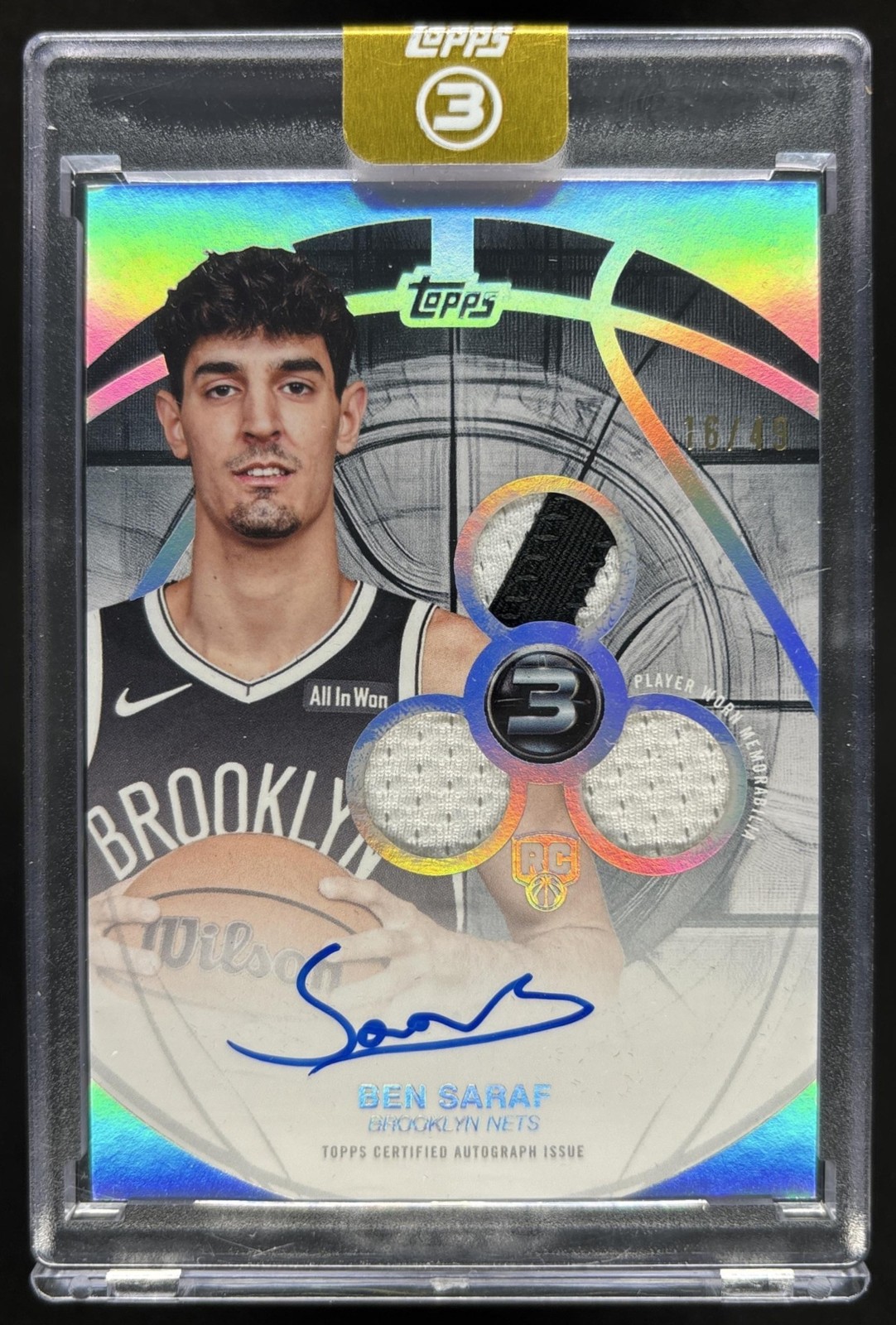 Ben Saraf 2025-26 Topps Three Rookie 3 Patch Vertical Auto Patch RC Nets /49