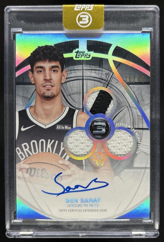 Ben Saraf 2025-26 Topps Three Rookie 3 Patch Vertical Auto Patch RC Nets /49