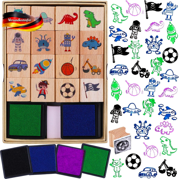 Howaf 16Pcs HöLzern Stempel FüR Kinder Jungen Basteln Mit Stempelkissen 4Pcs, Di-image