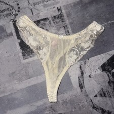 Vtg Victoria's Secret 90s Ivory Sheer Lace High Cut Hip Thong Sz M