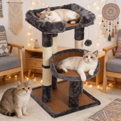 Multi-Level Cat Tree for Indoor Adult Cats, Modern Cat Tower with Double Beds & 