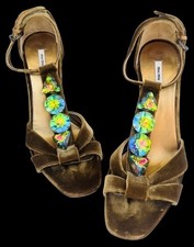 MIU MIU Vintage T-Strap Heels Brownish Gold Velvet Italy 38.5