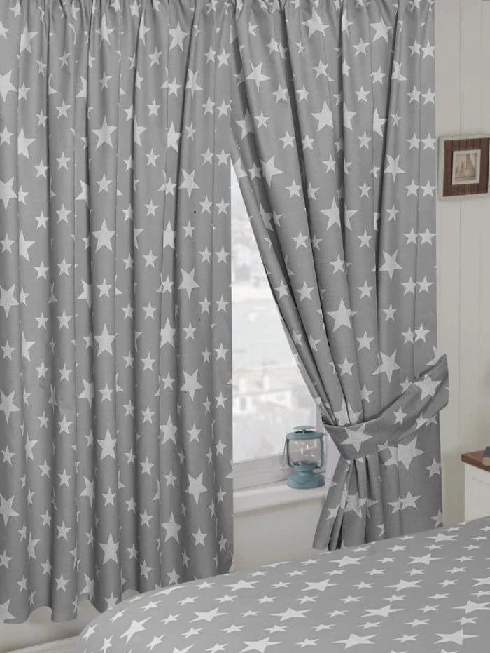 Stars Grey & White Curtains 66" x 72" Star Print with Tie-Backs