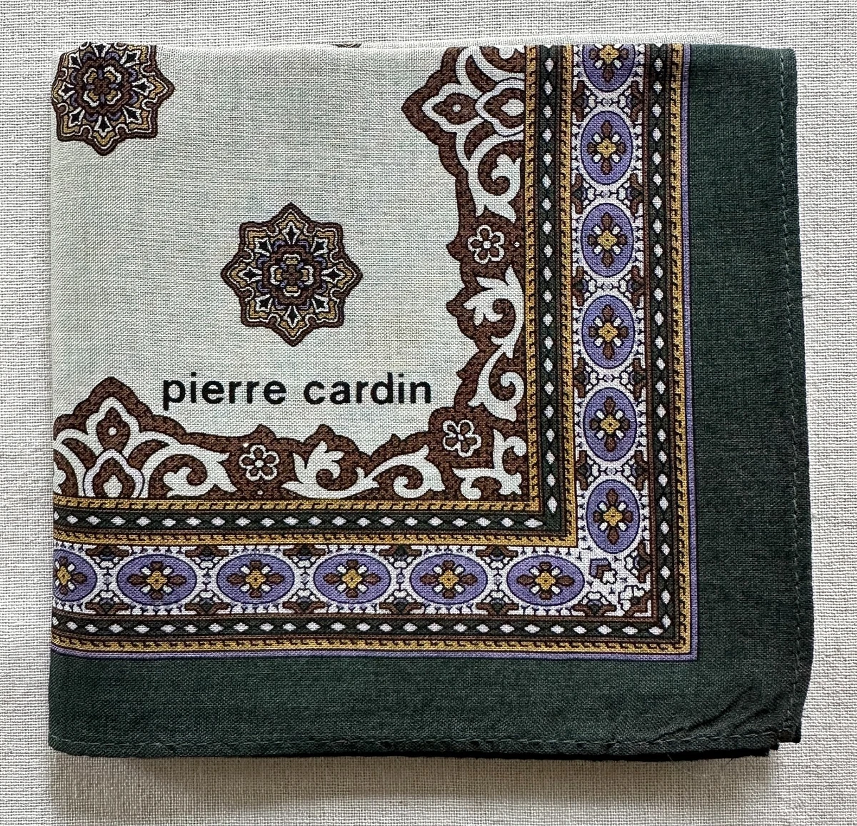 VTG Handkerchief Brown Medallion~Border Ornament Pocket Square Green Cotton 18"B
