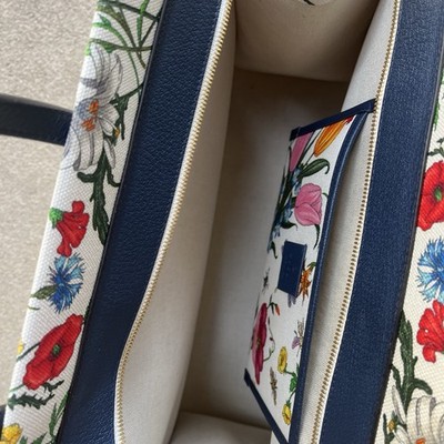Gucci Floral Print Tote Bag Navy Blue Leather Trim Gold Hardware