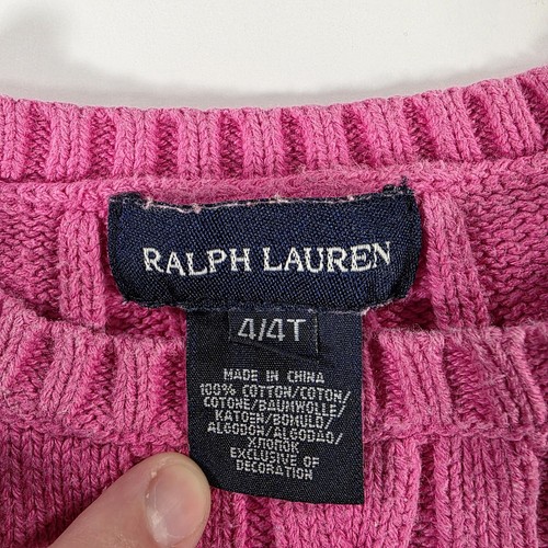 Ralph Lauren Sweater Girls 4T Pink Cable Knit Pullover Crewneck Green Pony Logo - Picture 4 of 9
