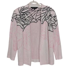 Ming Wang Floral Cardigan Womens Size Large Pink Black Career Open Jacket