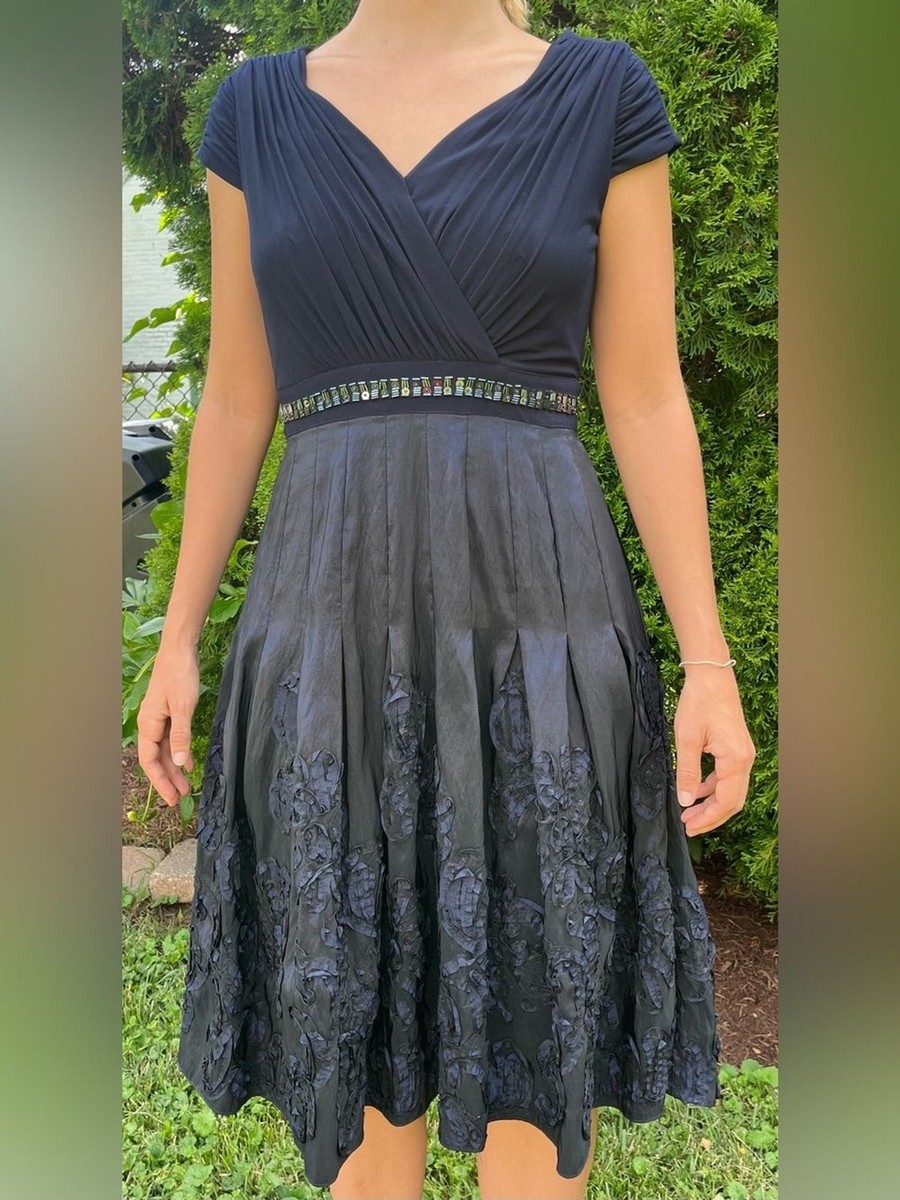 Adrianna Papell Navy Beaded Fit and Flare Midi Cocktail Dress Size 6