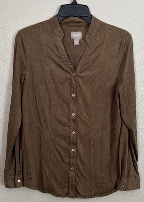 Chico's Women s Faux Suede Split Neck Button Up Top Brown Chicos 0/Small