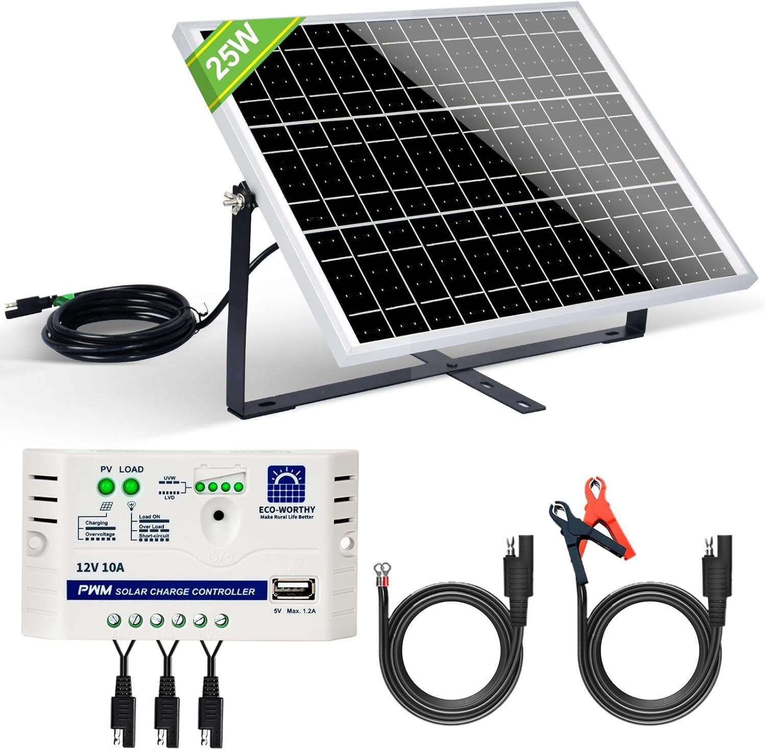Solar Battery Charger Kit Waterproof 25W 12V Portable with Mount & Controller