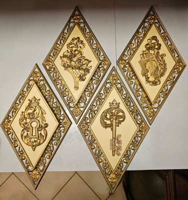 MCM Vintage Syroco Gold Goldtone Wall Diamond Shape Plaque Retro Decor Set Of 4