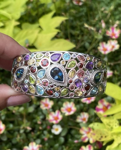 Sterling Silver Multi Bezel Set Gemstone & Diamond Accent Hinged Cuff AS IS - Picture 13 of 20