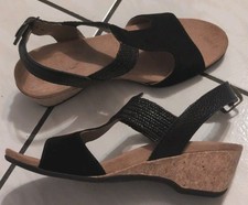 NEW Vionic Kaytie Black T-Strap Wedge Cork Heel Sandals Suede Jute Size 7.5