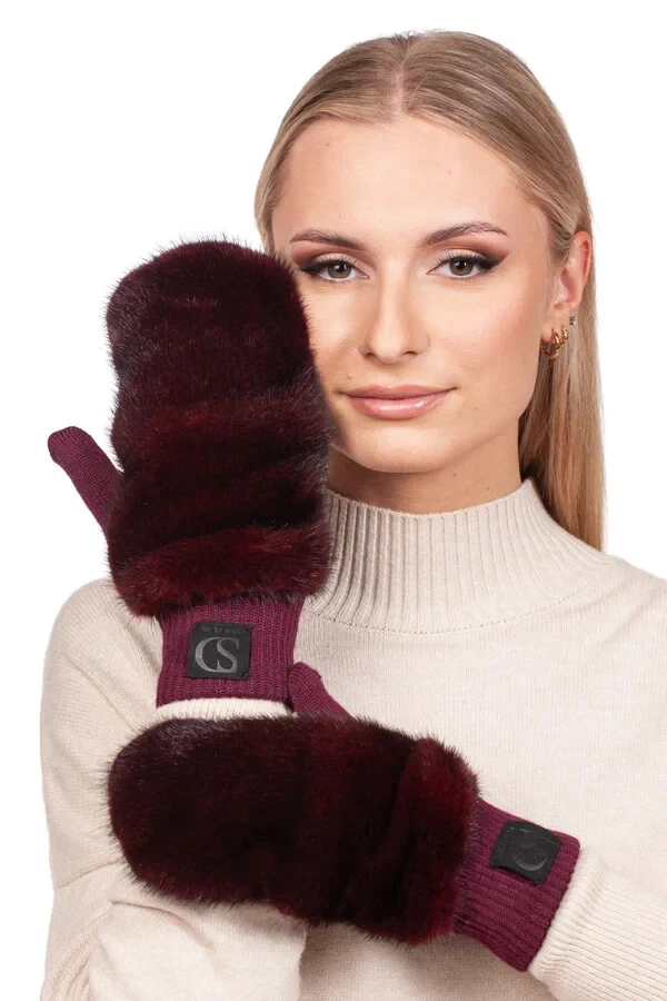 Burgundy Red Mink Fur Flip Top Mittens,Luxury Convertible Warm Winter Fur Gloves