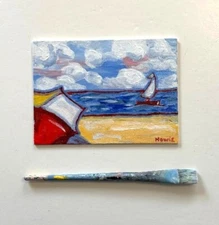 Original Impressionist beach painting on canvas, 7 x 5  umbrella sailboat OOAK