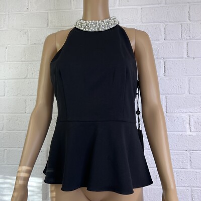 Adrianna Papell Women's Pearl Mock-Neck Peplum Crepe Black Sleeveless Top