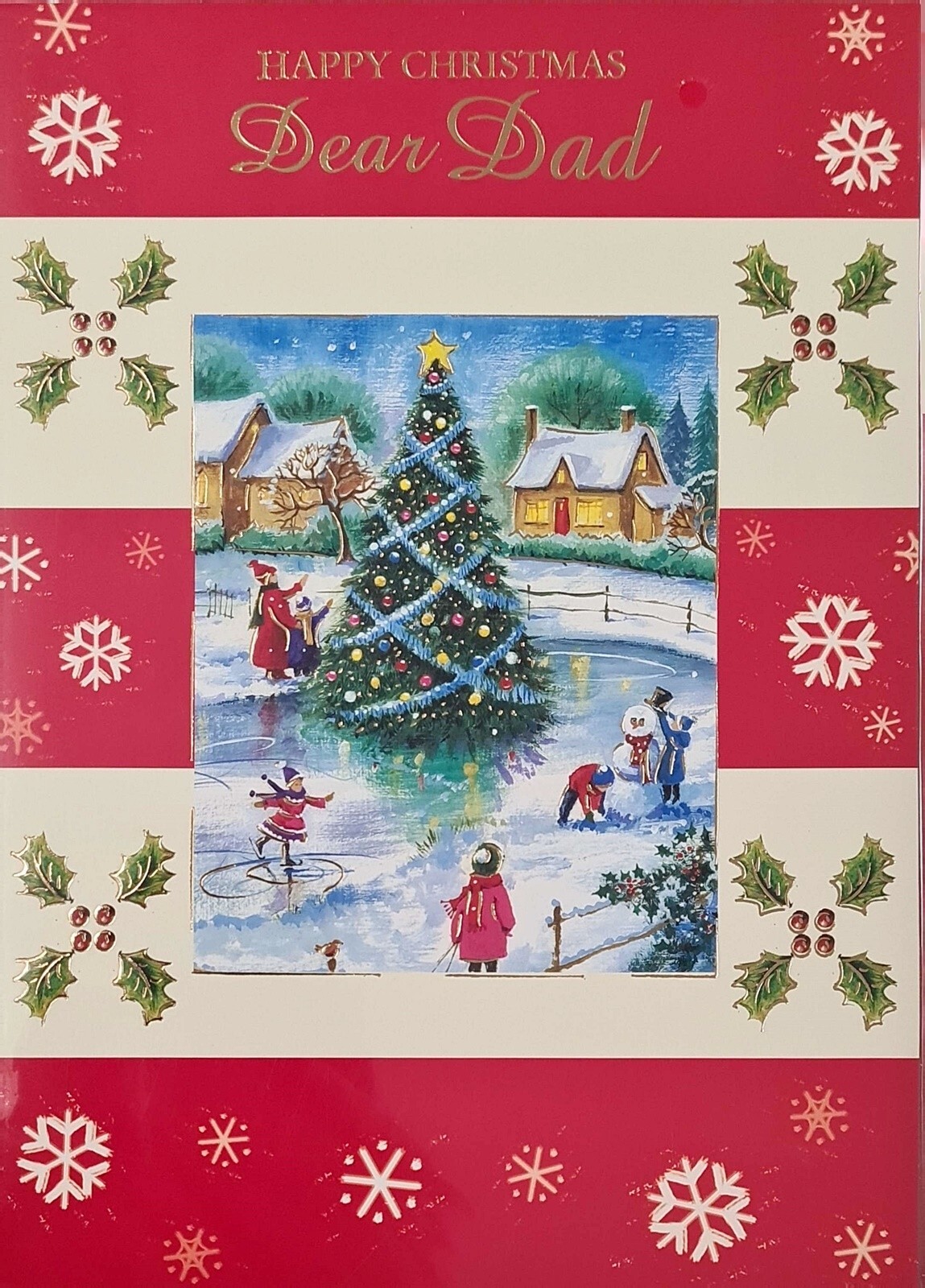 Christmas Card Dear Dad Christmas Tree Ice Rink Village Scene Holy Snowflakes