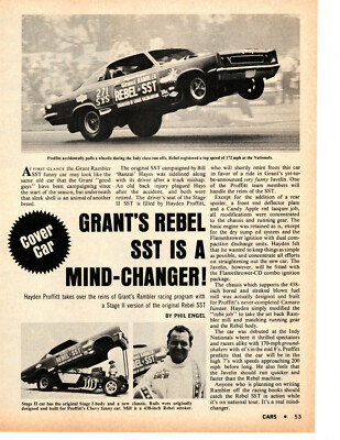 1968 GRANT RAMBLER / REBEL SST FUNNY CAR - HAYDEN PROFFITT ~ ORIG ARTICLE / AD