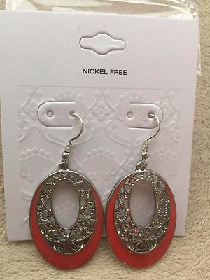 Awesome New Trendy Silver Cutout Orange / Coral Enamel Dangle Drop Earrings 