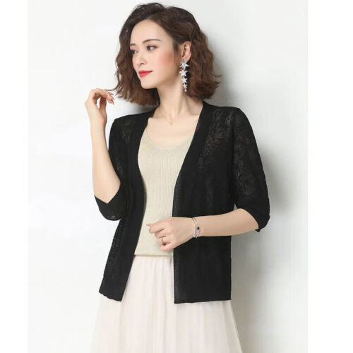 Women Faux Silk Knitted Cardigan Cutout Thin Short Sweater Shawl 3/4 Sleeve - Picture 14 of 15