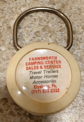 Vintage FARNSWORTH CAMPING CENTER Keychain SINCE 1962 PA 2 Sided Owner Info 