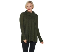 Denim & Co. Regular Cable Knit Cowl-Neck Tunic Sweater, True Olive [ XS]